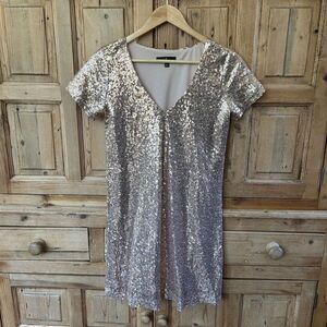 Lulus XS Sequin Dress Blush Pink Gold‎ Short Sleeve Shimmer V-Neck Mini